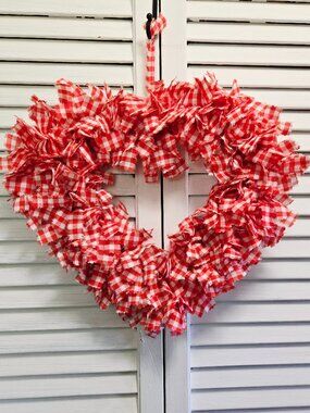 Handmade Shabby Chic Farmhouse Gingham Fabric Red & White Heart Rag Wreath 14"